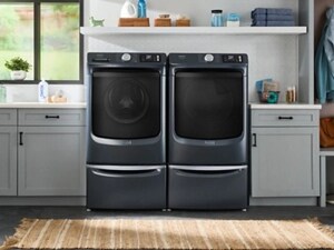 Midnight Steel Maytag® front load laundry pair in laundry room