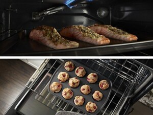 Split image of salmon cooking in an oven and person removing muffins from the oven