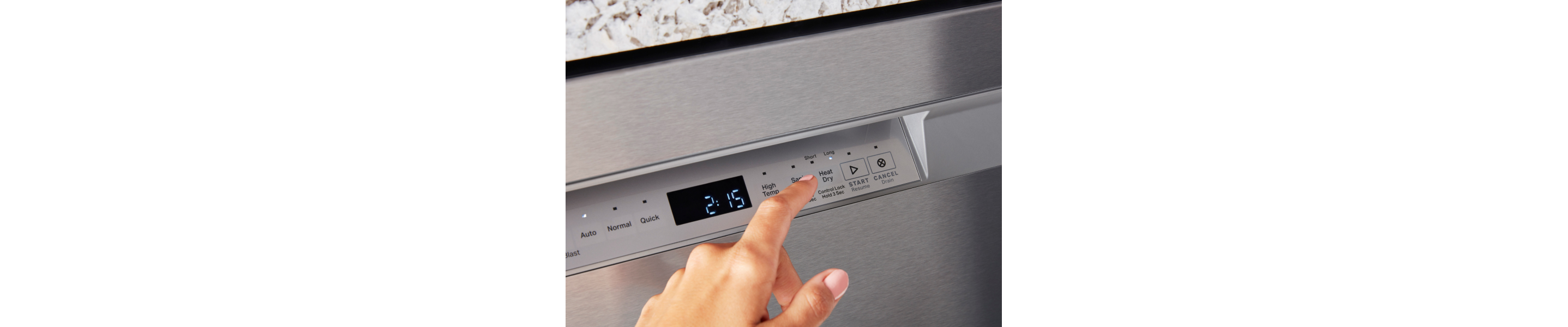 Person pushing dry cycle button on a dishwasher.