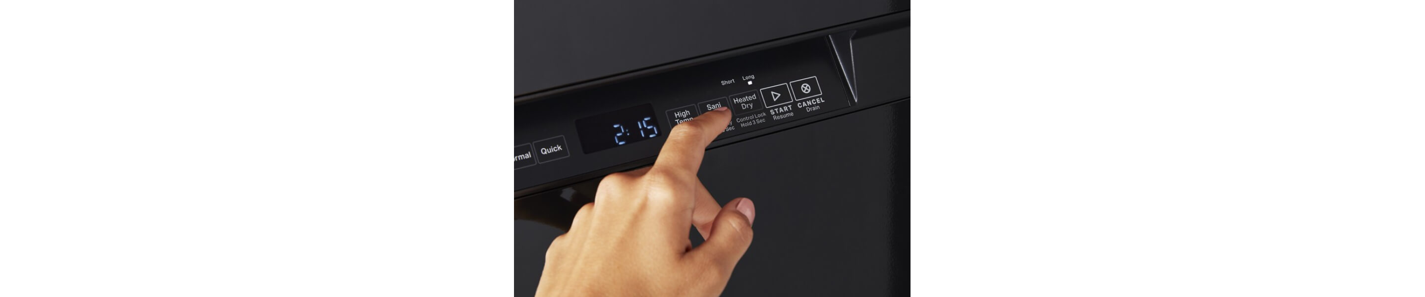 Person choosing cycle on black dishwasher