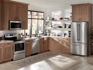 A sunlit kitchen with matching stainless steel appliances