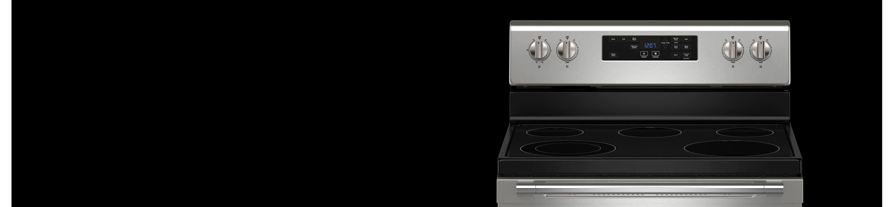 A Maytag® electric stove on a black background
