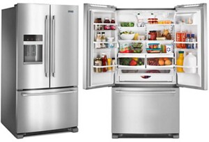 Maytag brand French door refrigerators next to each other with one opened