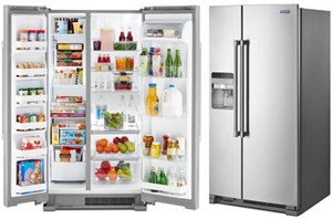 Maytag brand side-by-side refrigerators next to each other with one opened