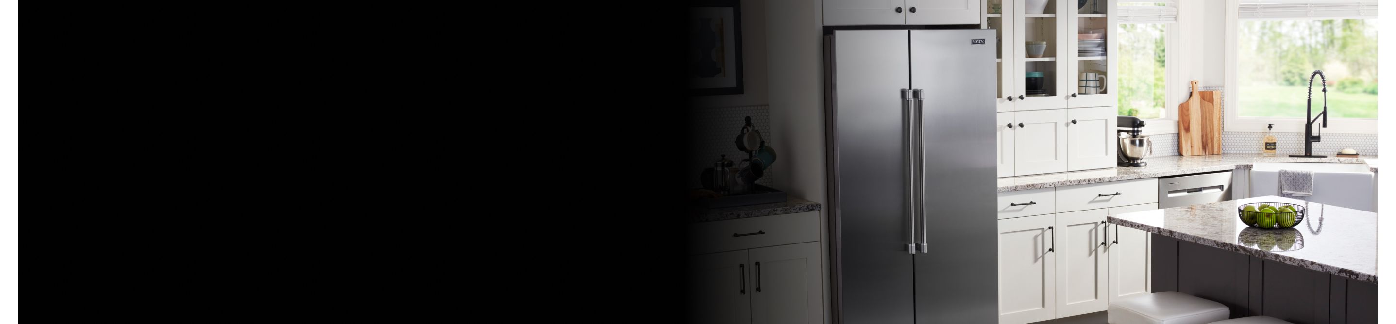 Maytag brand side-by-side refrigerator in a kitchen