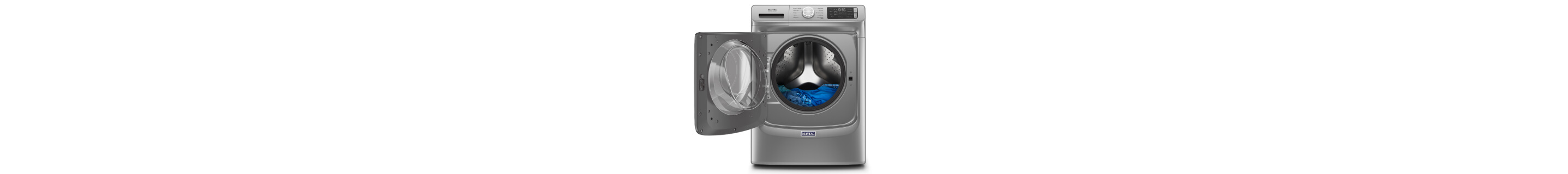 Maytag® front load washing machine with clothes inside