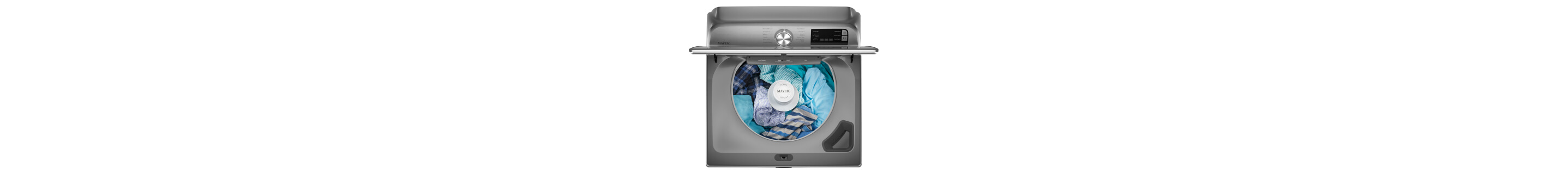 Maytag® top load washing machine with clothes inside
