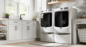 A side-by-side washer and dryer pair in a laundry room