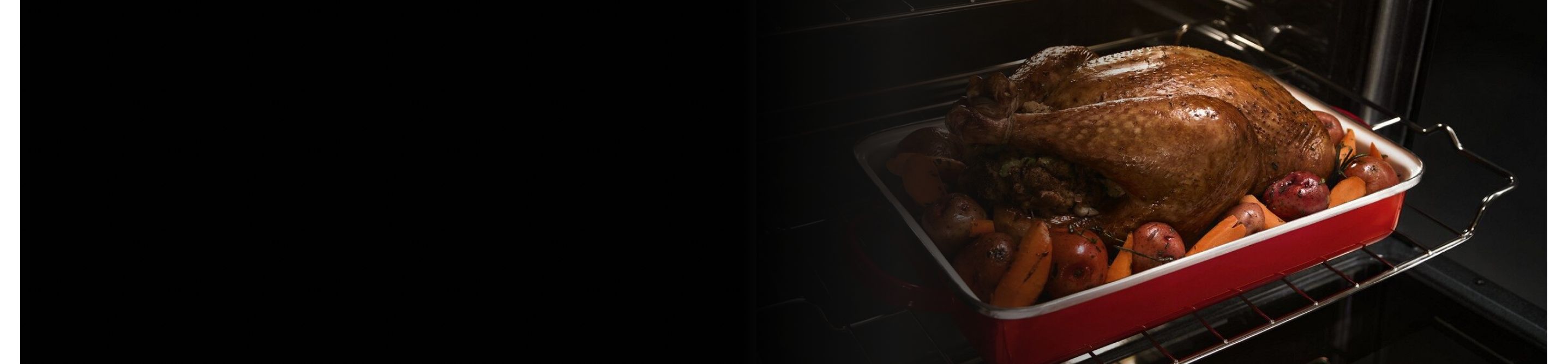 Turkey in roasting pan with carrots and potatoes