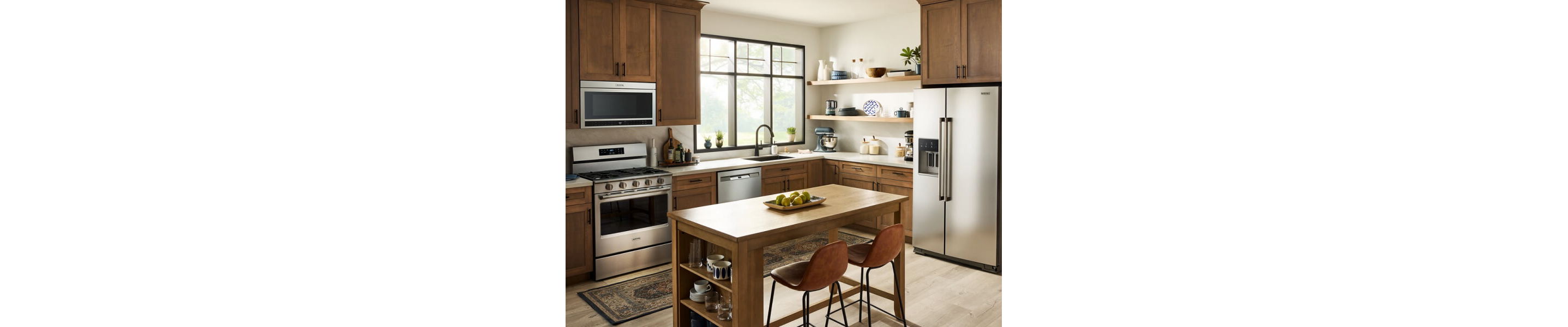 Stainless steel Maytag® appliance suite in brown cabinetry
