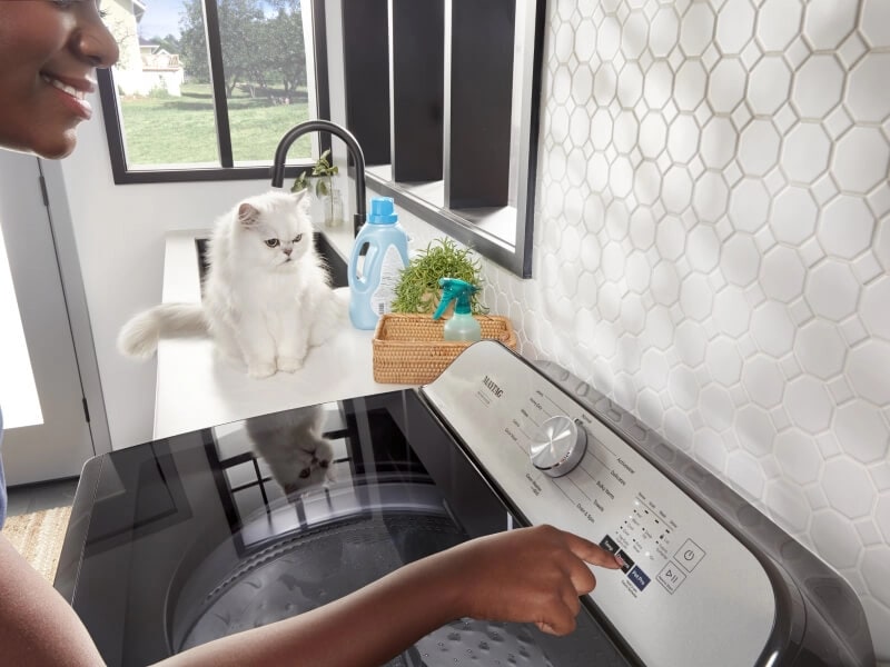 A woman starting her washer while a cat looks on