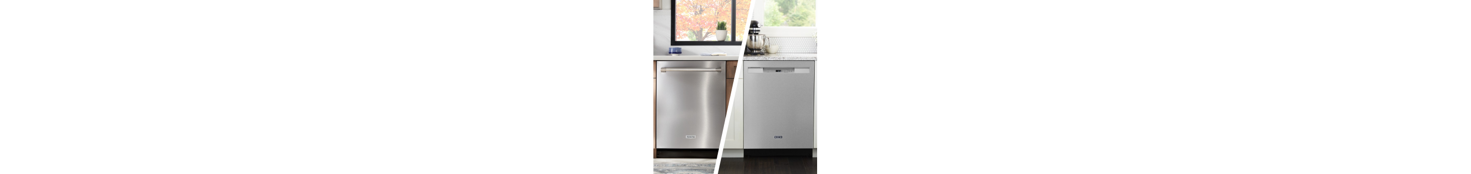 Side-by-side images of front and top control dishwashers