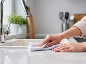 A person drying a kitchen counter with a towel