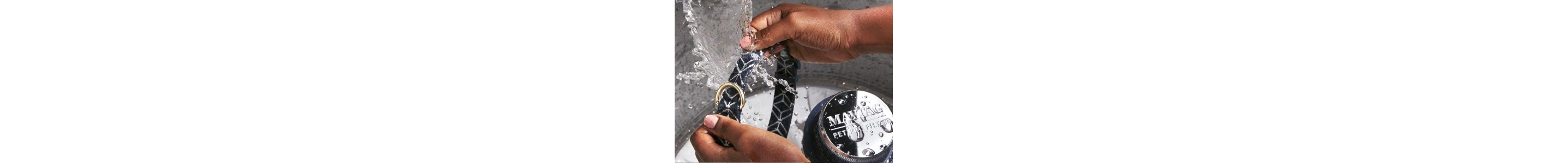 Hands placing pet collar into washing machine