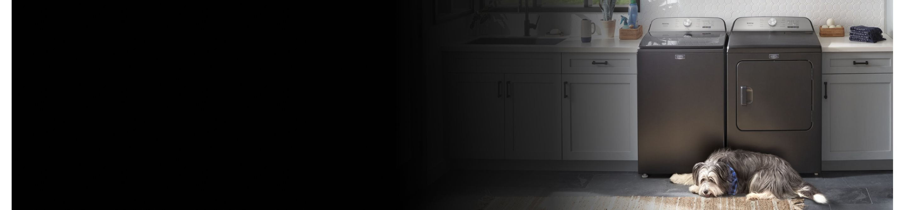 Dog laying in front of a gray Maytag® top load washer and dryer pair 