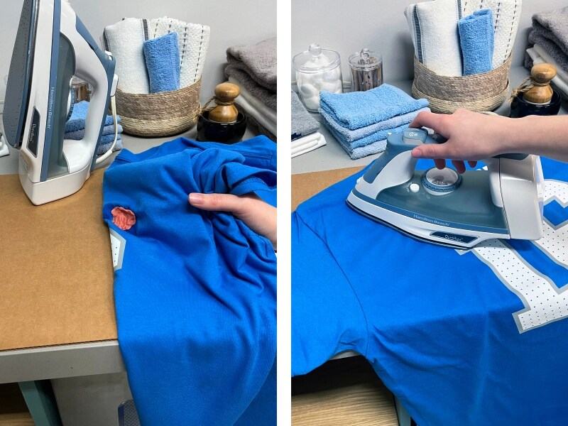 Side-by-side image of someone placing a gum-stained jersey face down and ironing the shirt
