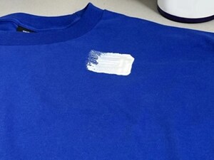 Paint on a blue shirt with cleaning supplies shown behind it