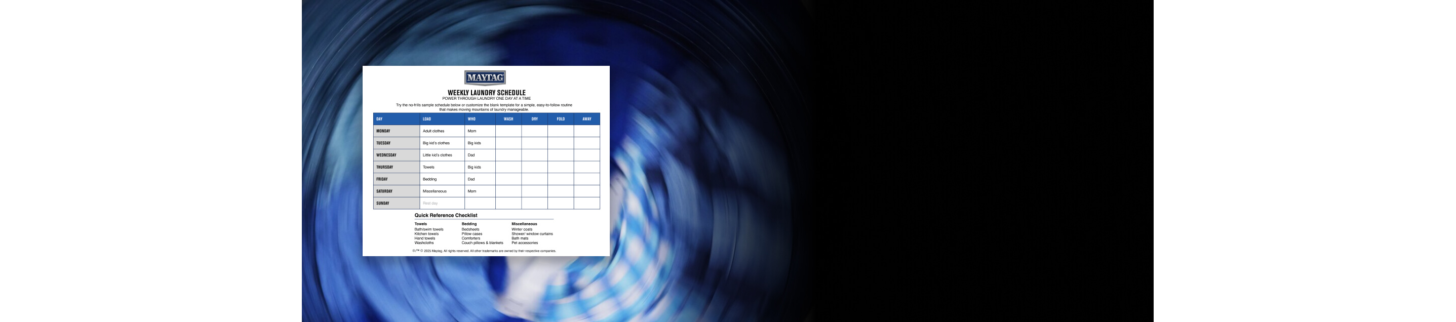 A printed laundry schedule superimposed over an image of laundry spinning in a washer