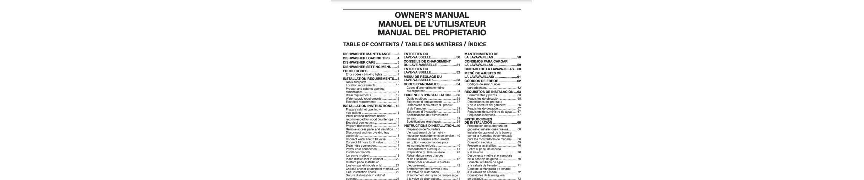 Dishwasher appliance manual table of contents.