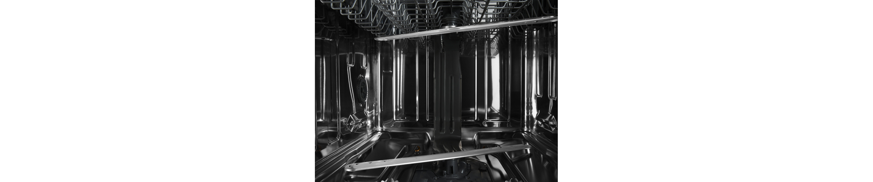 Stainless steel interior of a dishwasher.