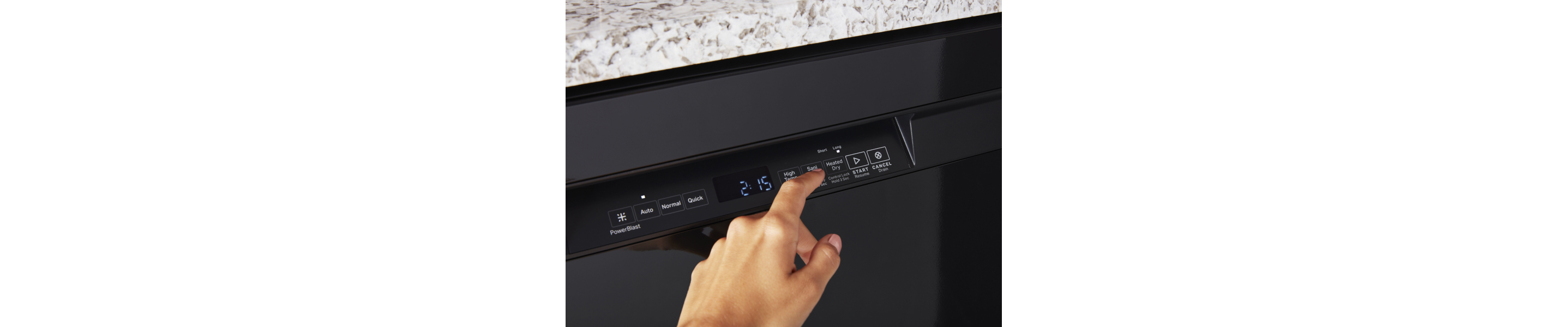 Person adjusting the settings on a Maytag brand dishwasher.