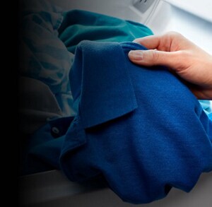 A close-up of blue and gray clothes