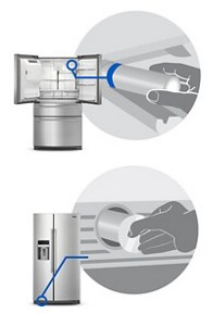 A line drawing of a hand removing a water filter from two locations on different refrigerators