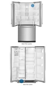 Two open refrigerators next to each other with the location of their water filters marked