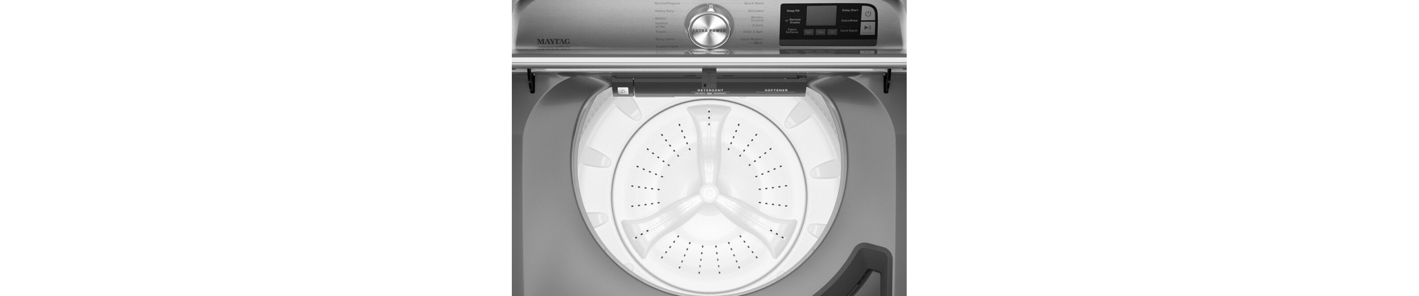 Open lid on a metallic slate Maytag® top load washer