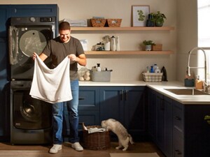 Someone folding a towel in their laundry room as their cat gets into the laundry basket