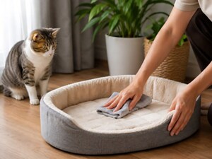 Someone cleaning a pet bed while their cat sits nearby and watches