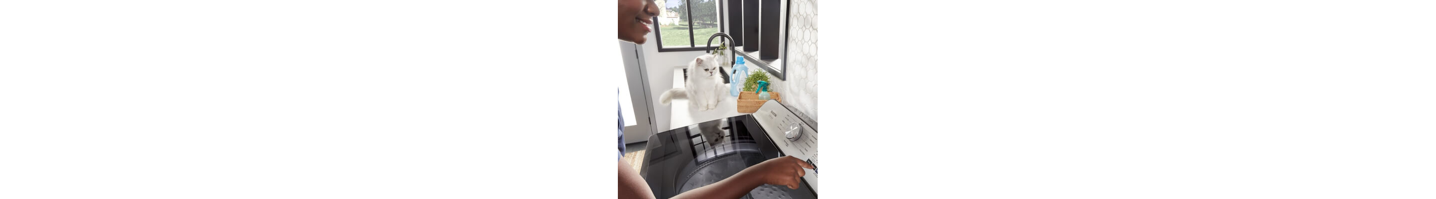 Person selecting settings on washer with a white cat in the background