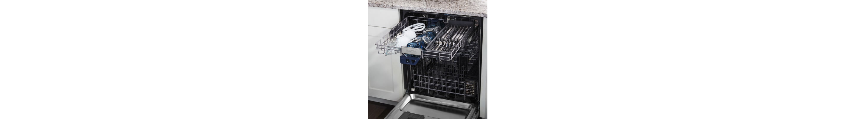 Open dishwasher with the third level rack pulled out and loaded