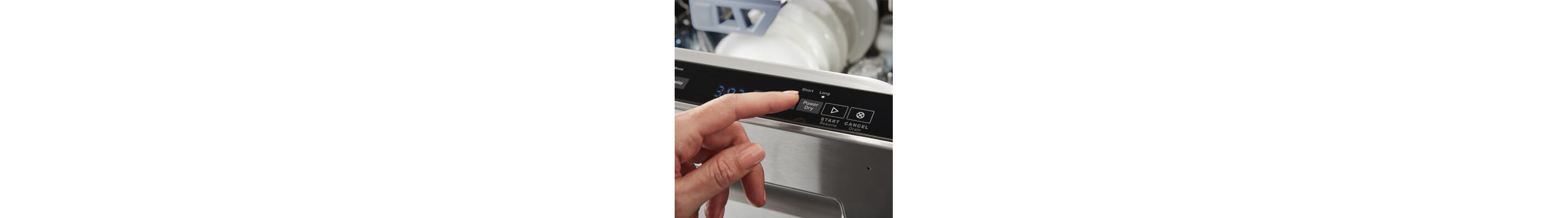 Person selecting the PowerDry® option on a Maytag brand dishwasher