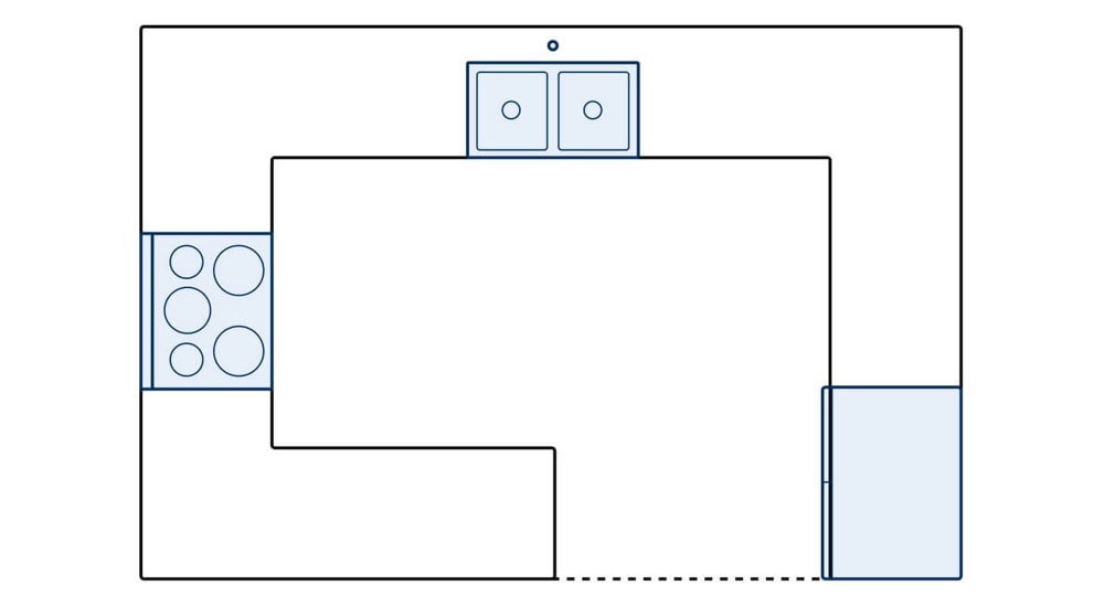 G-shape kitchen layout diagram showing appliance placements