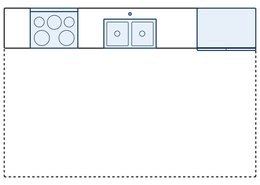 One wall kitchen layout diagram showing appliance placements