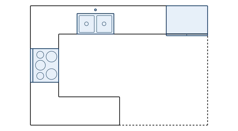 Peninsula kitchen layout diagram showing appliance placements