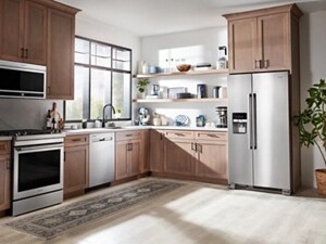 A kitchen with brown cabinets, stainless steel appliances and open shelving