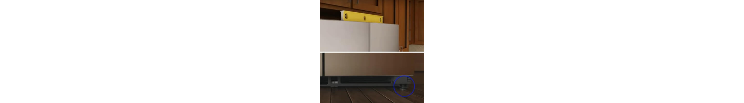 Split image of a level on the refrigerator and the leveling leg on the right side