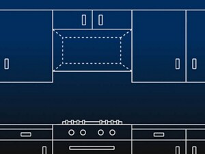 Diagram of over-the-range microwave between cabinetry above a range below