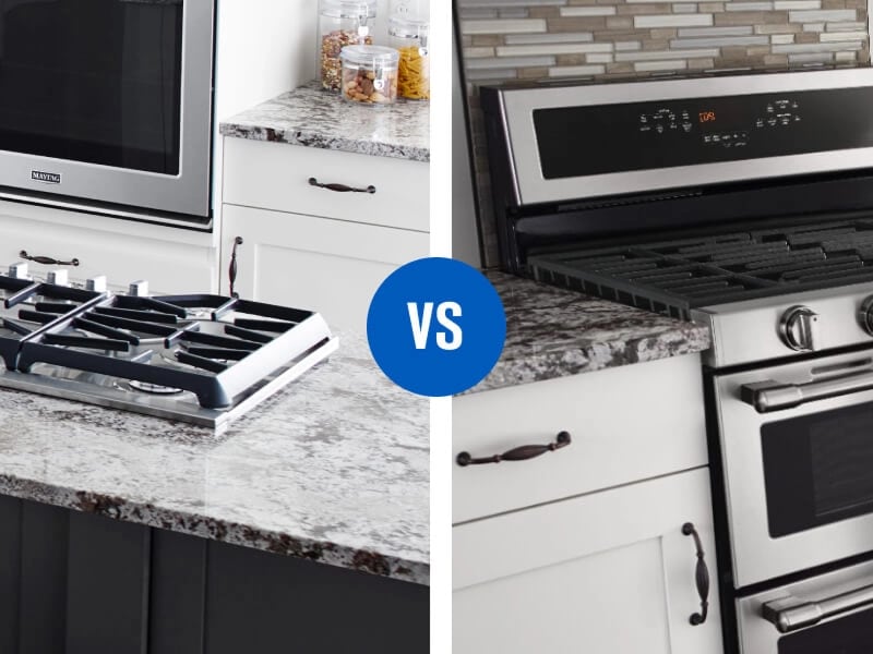 A cooktop set into a marble counter