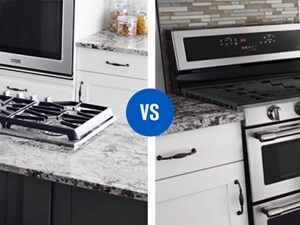 A cooktop set into a marble counter