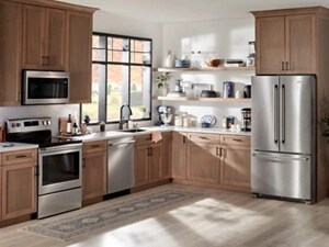 A kitchen with stainless steel Maytag® appliances
