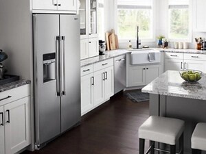 Kitchen with white cabinets and a stainless steel side-by-side fridge