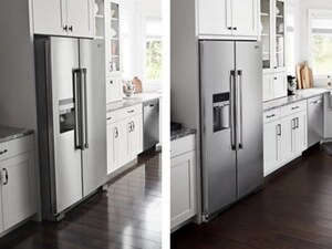 A stainless steel standard-depth Maytag® refrigerator and a stainless steel counter-depth Maytag® refrigerator