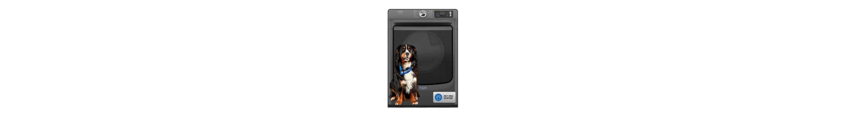 A large black, brown and white dog sitting in front of a Maytag® Smart Pet Pro Front Load Dryer