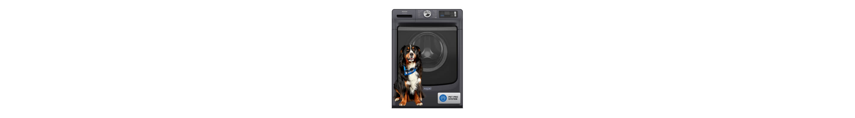 A large black, brown and white dog sitting in front of a Maytag® Smart Pet Pro Front Load Washer