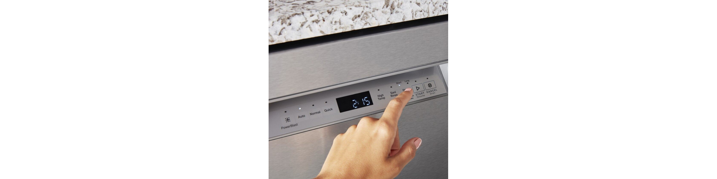 Hand touching a button on a front control dishwasher control panel