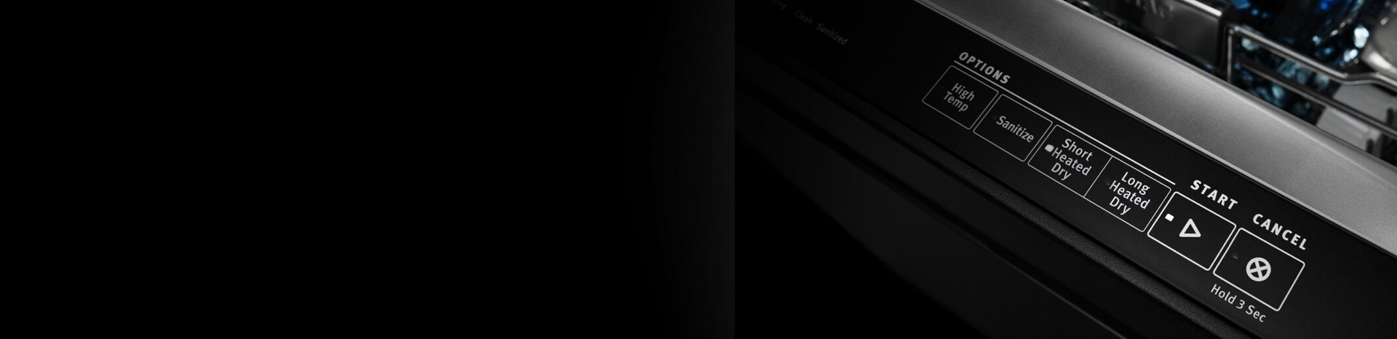 Close up of a top control dishwasher control panel