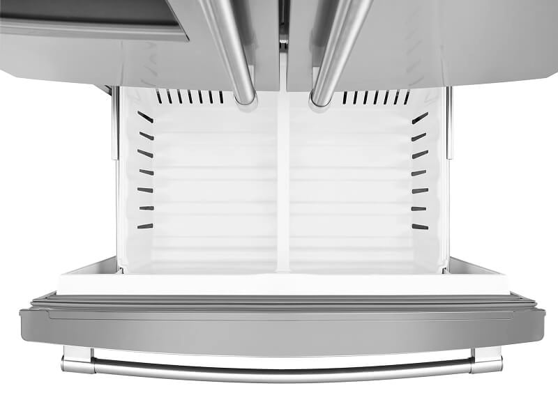 Birds-eye view of empty bottom freezer on bottom-freezer refrigerator